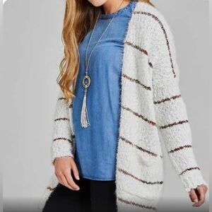 Altar'd State White Striped Eyelash Cardigan Sweater Open Front Pockets Size M/L